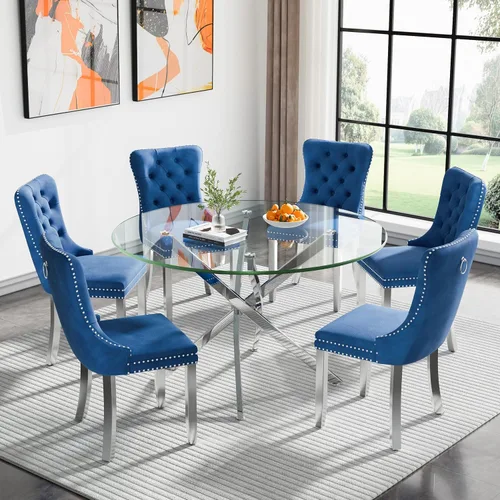 Vista 69 de Juego de mesa de comedor SSLine moderno de 3 piezas con mesa redonda de vidrio para 2, lujosa mesa de comedor circular de 36" con tapa de vidrio