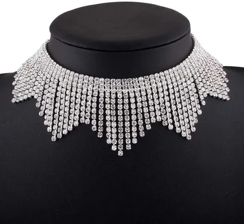 Vista 3 de FUNPARROT Collar con borlas heptagonas de diamantes de imitación para vestido de boda Estrás estrás