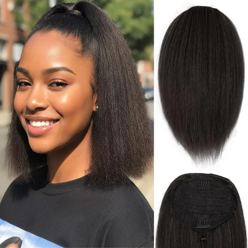 Vista 26 de Cola de caballo recta Yaki de 12 pulgadas con cordón para mujeres negras, sintética, gruesa, recta, longitud del hombro, extensión de cola