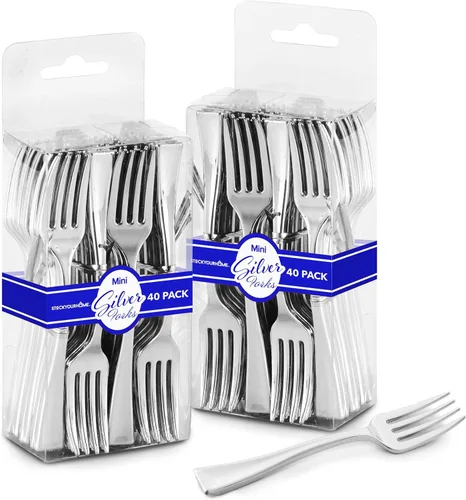 Vista 10 de Mini tenedores transparentes de 4 pulgadas (100 unidades) desechables de plástico para aperitivos para hora de cóctel, tenedores de postre