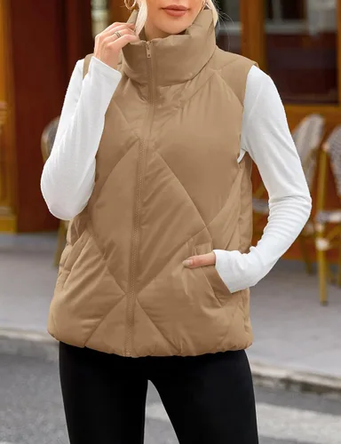 Vista 3 de MEROKEETY Chaleco acolchado sin mangas con cremallera para mujer, con cuello alto, con bolsillos