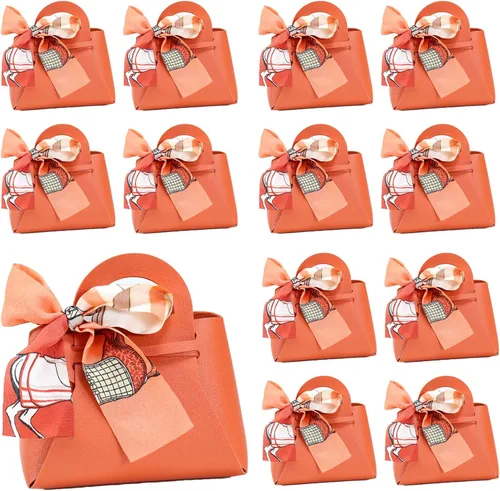 Vista 8 de LPEIEB Paquete de 12 Bolsas de Regalo Tipo Candy Bag de Cuero con Cinta, Bolsas de Regalo de Boda de PU con Asa de Cinta, Cajas de Favor de Fiesta