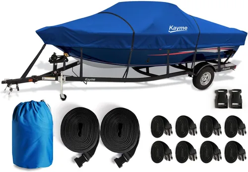 Vista 23 de Kayme Cubierta de lancha resistente 1200D para barcos de 14 a 16 pies, impermeable, resistente al desgarro con correas reforzadas al viento, ideal