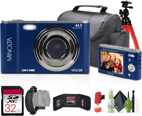 Vista 8 de Minolta MND20 Cámara digital Quad HD de 44 MP / 2.7K (negro) + tarjeta de memoria de 32 GB + trípode flexible de 12 pulgadas + cartera de tarjetas