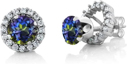 Vista 70 de Gem Stone King Aretes redondos de plata de ley 925 de 0.236 in con piedra natal extraíble para mujer