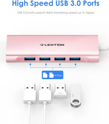 Vista 8 de LENTION 5-in-1 USB-C Hub, 4 USB3.0, 60W Charging, Multiport Adapter Ideal for Work & Study, Stable Driver 3.0 Certified, Compatible with macOS