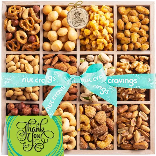 Vista 10 de NUT CRAVINGS - Cesta de regalo de nueces mixtas en bandeja de madera de diamante reutilizable + cinta verde (12 surtidos) golosinas para adultos