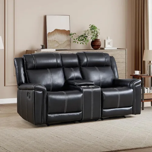 Vista 12 de EBELLO Sofá reclinable de cuero sintético de 3 plazas, sofá reclinable manual, silla de 3 asientos de estilo moderno de mediados de siglo con Marrón