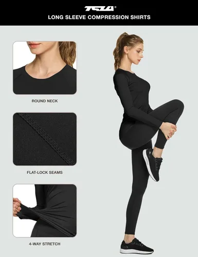 Vista 4 de TSLA - Paquete de 1 o 3 unidades de camiseta de compresión deportiva para mujer, ajuste fresco y seco, camiseta de manga larga para entrenamiento