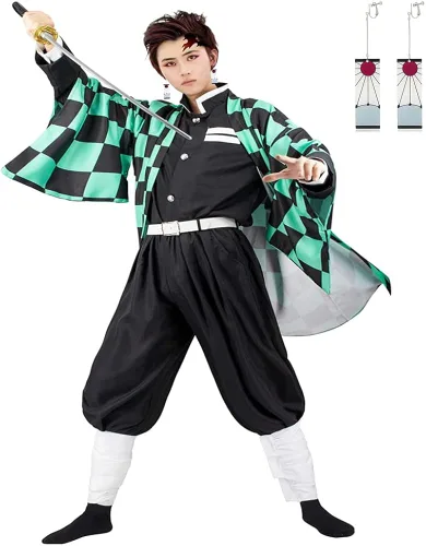 Vista 2 de Disfraz de cosplay de Tanjiro Shinobu Zenitsu Giyuu para adultos, disfraz de Halloween para adultos, kimono, uniforme con aretes de peluca