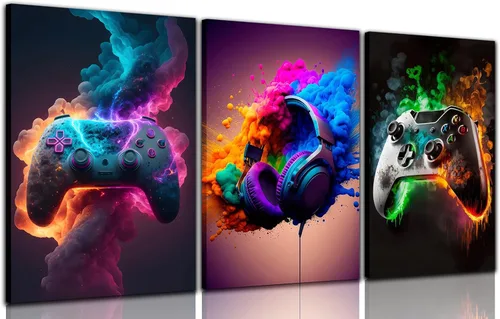 Vista 11 de BGFCE Arte de Lienzo de Pared para Gaming, Pinturas de Arte de Controlador de Juego con Salpicaduras de Tinta de Color, Pósteres para Estética