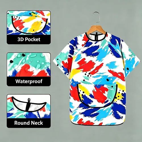 Vista 2 de Huahui Delantal de pintura infantil impermeable para niños Manga corta.