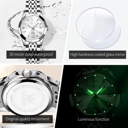 Vista 58 de OLEVS Reloj para parejas para él y ella, reloj analógico de cuarzo para hombres y mujeres, de acero inoxidable, impermeable, luminoso, fecha, reloj
