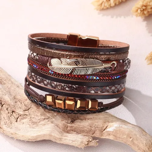 Vista 6 de Fesciory - Pulsera de leopardo para mujer, estilo bohemio de cuero multicapa con perlas de cristal