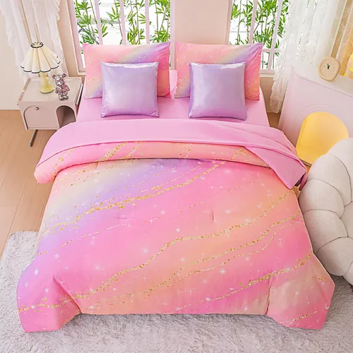 Vista 29 de Juego de ropa de cama arcoíris tamaño individual, edredón reversible de 5 piezas para niñas con sábana de bolsillo profundo, diseño degradado