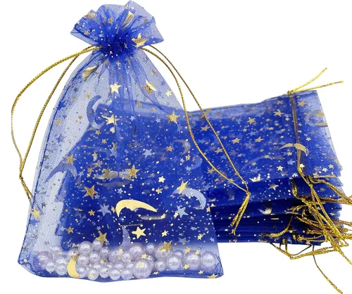 Vista 5 de Jexila 100 bolsas de regalo de organza azul con estrella lunar, 4 x 6 pulgadas, bolsa pequeña de malla con cordón para regalos, joyas, bolsitas