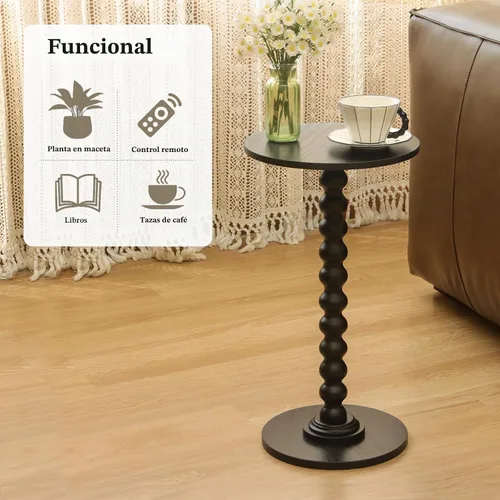 Vista 7 de Fultyle Mesa auxiliar redonda, mesa pequeña para bebidas para espacios pequeños, mesa auxiliar moderna con patas de madera maciza para sala de Negro