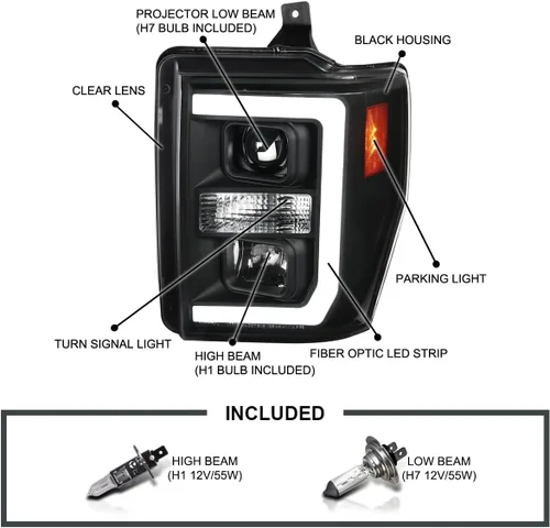 Vista 4 de SPEC-D TUNING Faros Proyectores Negros con Barra LED Compatibles con Ford F-250, F-350, F-450, F-550 Super Duty 2008-2010, Juego de Faros Izquierdo