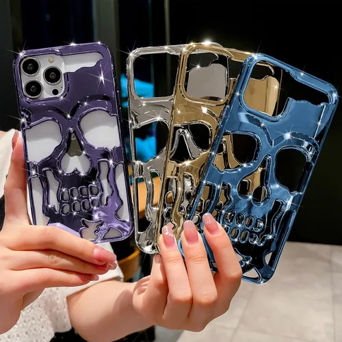 Vista 7 de Funda para iPhone 13 Pro Max, funda mate divertida gótica de terror gótico de Halloween con esqueleto de calavera chapada en lujo, TPU suave, linda