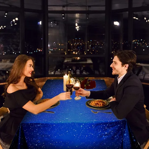 Vista 5 de 1 mantel espacial de noche estrellada, decoración de mesa de galaxia de plástico, suministros de fiesta temática de estrellas espaciales