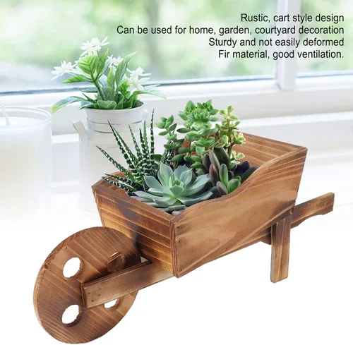 Vista 2 de Maceta de madera para carrito, macetas suculentas de carretilla, maceta de carro, macetas decorativas con forma de carrito para decoración