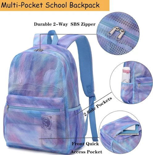 Vista 6 de Mochila de malla para niñas, mochila escolar semitransparente para adolescentes, bolsas de malla con bolsa de maquillajebolsa para lápices, Un
