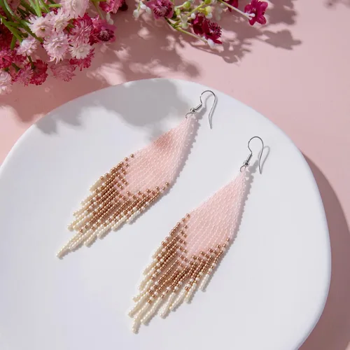 Vista 4 de Native - Aretes de borla con cuentas bohemios, hechos a mano, con flecos, para mujer