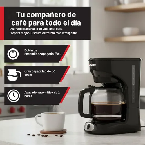 Vista 2 de Mueller - Cafetera de goteo de 12 tazas, jarra de borosilicato, apagado automático, filtro reutilizable, antigoteo, función de mantener el calor