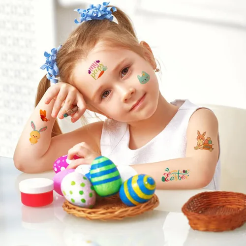 Vista 2 de 66 tatuajes de Pascua, 12 hojas coloridas de huevos de conejo, pollo, flores de primavera, calcomanías de mariposa para relleno de huevos de Pascua