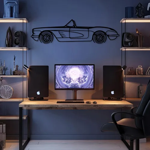 Vista 3 de DecoSoul Corvette C1 1960 - Arte de pared de metal para automóvil, automóvil deportivo, decoración de línea de silueta automotriz, escultura