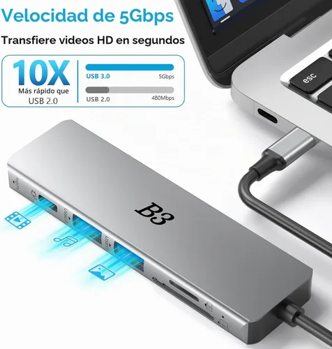 Vista 4 de Adaptador multipuerto USB C Hub 6 en 1 con HDMI 4K@60Hz, 100W PD, 2 puertos de datos USB A y lector de tarjetas SD/TF, Hub de aluminio tipo C