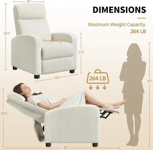 Vista 3 de Yaheetech Silla reclinable de pana para sofá individual, asiento de cine en casa, silla reclinable moderna ajustable para sala de estar, dormitorio