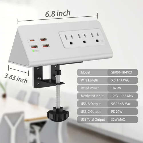 Vista 2 de Regletas de alimentación con abrazadera para borde de escritorio con 4 puertos USB (1 puerto PD 20 W USB-C) y 3 salidas de CA, protector