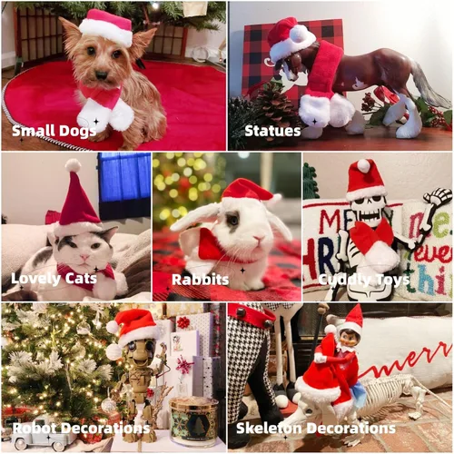 Vista 2 de Disfraz de Navidad para mascotas, perros pequeños, conejos, sombrero de gato de Papá Noel con bufanda roja, bufandas de sombrero de Navidad