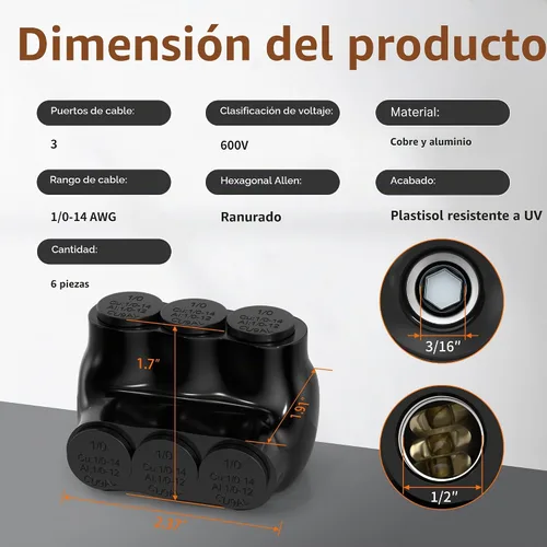 Vista 2 de Joinfworld Conector multigrifo aislado de 3 puertos 1/0-14AWG de aluminio a cobre, conectores de aluminio de entrada de un solo lado con hexagonal