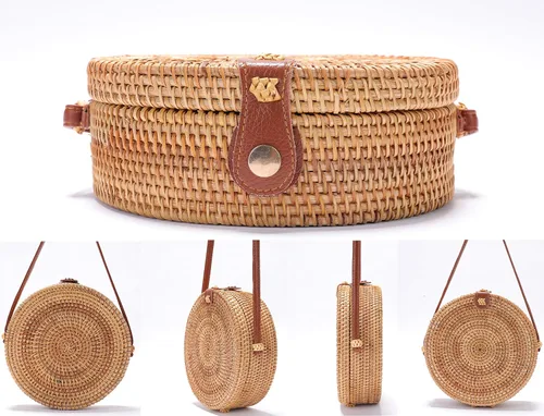 Vista 6 de Bolso redondo de ratán tejido a mano con correas de cuero natural y elegante Dorado