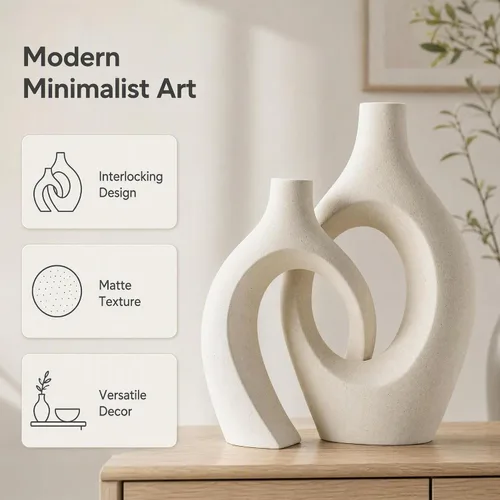 Vista 3 de Levvohd XL Juego de 2 jarrones beige de cerámica para decoración moderna del hogar, jarrones huecos florales modernos de estilo bohemio ecléctico