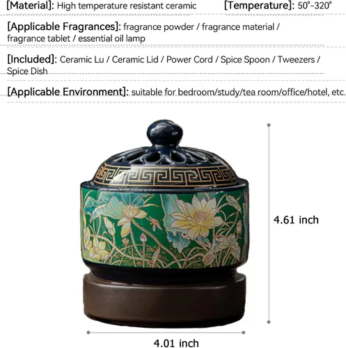 Vista 3 de Quemador de incienso eléctrico de cerámica esmaltada, soporte de incienso clásico, loto chino con temporizador, cuchara, plato, pinzas