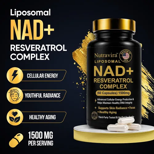 Vista 5 de Complejo liposomal NAD+ resveratrol, suplemento NAD de 1500 mg para mujeres y hombres con ácido hialurónico y extracto de pimienta negra, apoyo