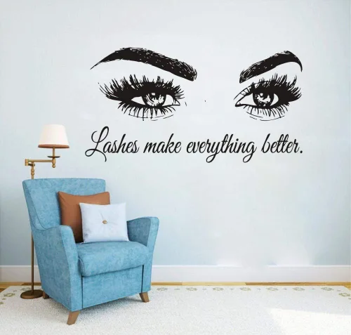 Vista 8 de Calcomanía de pared con texto en inglés "Lashes Make Everything Better", adhesivo de vinilo para salón de belleza, sala de maquillaje, espejo