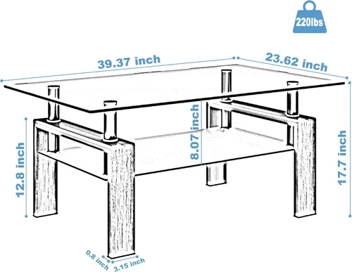 Vista 2 de Mesas de centro de vidrio para sala de estar, mesa auxiliar rectangular moderna con estante de almacenamiento, patas de tubo de metal y vidrio