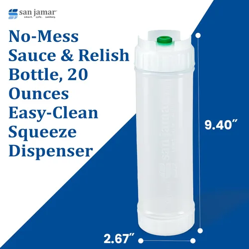 Vista 4 de San Jamar EZ Kleen - Botella de plástico para salsa con válvula pequeña para salsas finas y vinagretas, 20 onzas, blanco, natural/verde