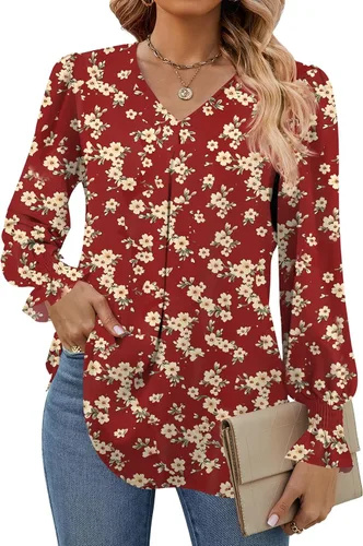Vista 27 de Funlingo Blusas de mujer con mangas largas 2025, elegantes y casuales, con cuello en V, túnica suelta de gasa para el trabajo