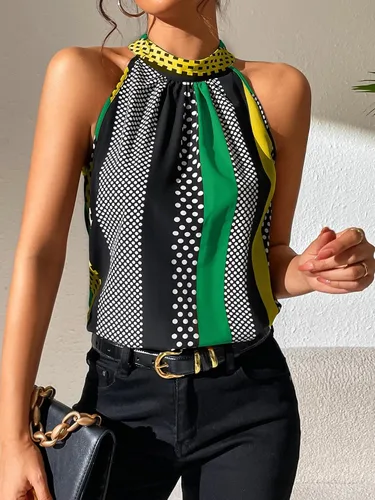 Vista 4 de WDIRARA Blusa de lunares sin mangas con cuello halter en la espalda para mujer