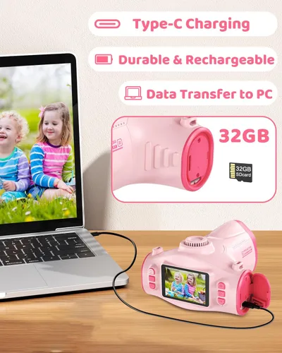 Vista 8 de Cámara para niños con proyector, cámara digital HD 1080P para niños de 3 a 12 años, grabadora de video fotográfico de 48 MP con soporte, tarjeta SD