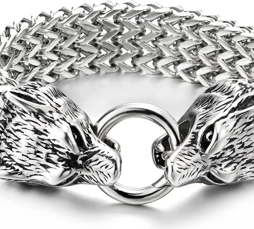 Vista 3 de COOLSTEELANDBEYOND Biker - Pulsera de acero inoxidable para hombre con cabeza de lobo con cierre de anillo de resorte