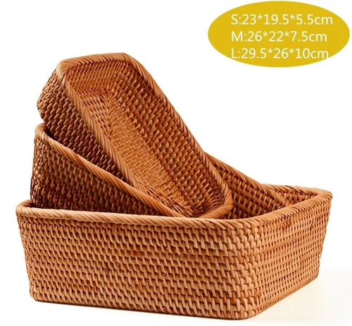 Vista 4 de Cesta rectangular hecha a mano de ratán para frutas, 9.1 pulgadas, cesta tejida a mano, bandeja de alimentos para servir, soporte organizador