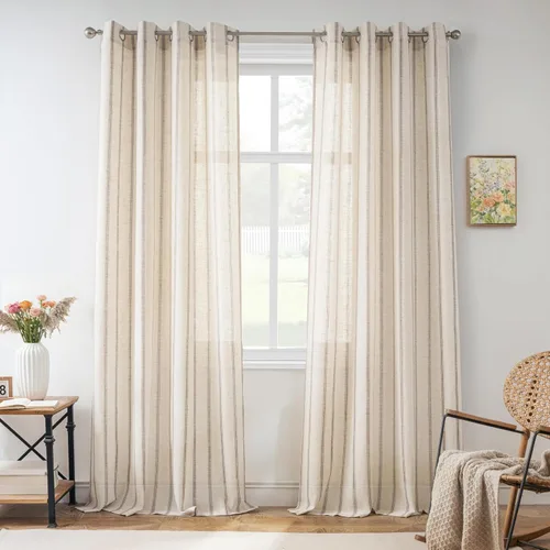 Vista 84 de DriftAway Cortinas de estilo granja con rayas verticales de lino mezclado texturizado con filtro de luz semitransparente para sala de estar