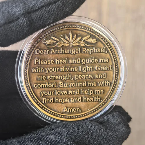 Vista 2 de Moneda curativa Arcángel Rafael, medallón espiritual de 1.57 pulgadas con oración curativa, símbolo de luz divina, regalo motivacional