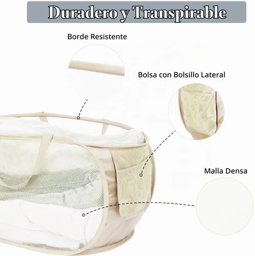 Vista 4 de Cestas de lavandería plegables duraderas, cesta de lavandería desplegable de malla con bolsillo lateral, cesta de almacenamiento de ropa plegable